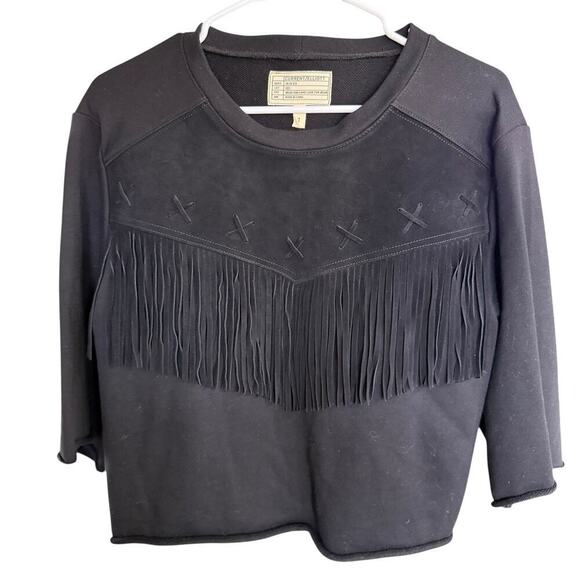Current Elliott 1 Womens Western Suede Fringe Roll Hem Sweatshirt Fray Popover - Picture 1 of 7